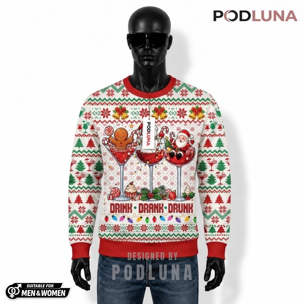 Drink Drank Drunk Ugly Christmas Sweater Funny Santa Snowman Gingerbread Wine Glasses Front