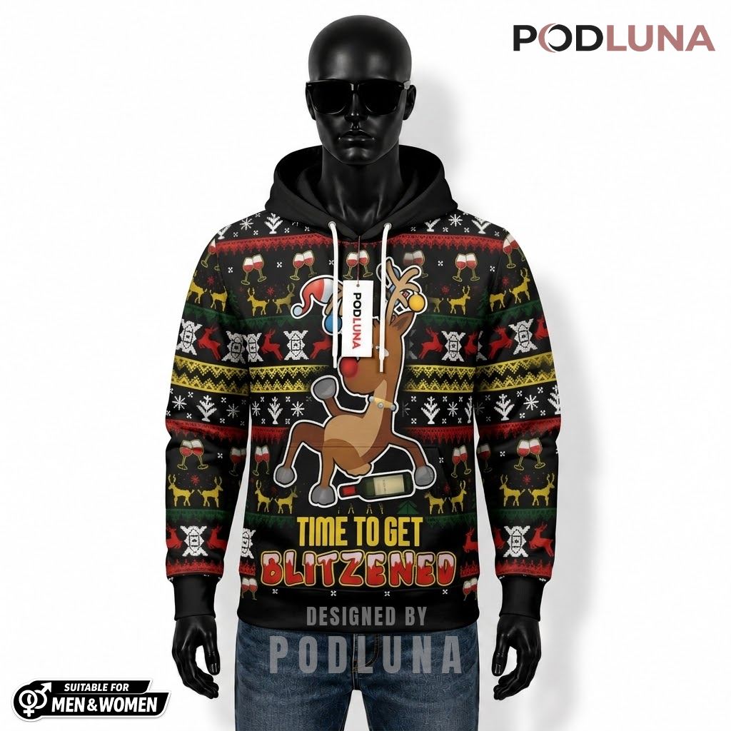 Drunk Reindeer Funny Ugly Christmas 3D Hoodie 1