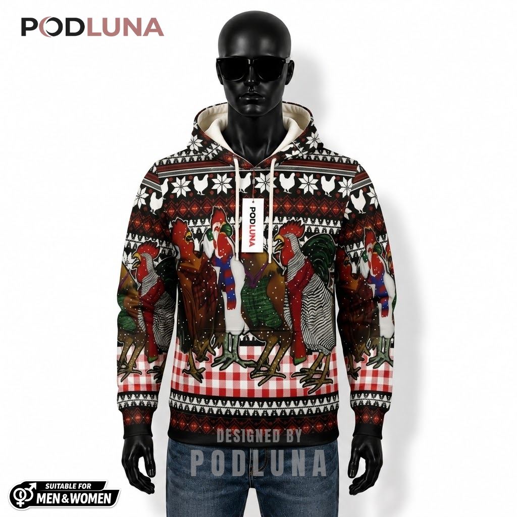 Fair Isle Knit Rooster Chicken Ugly Christmas 3D Hoodie 1