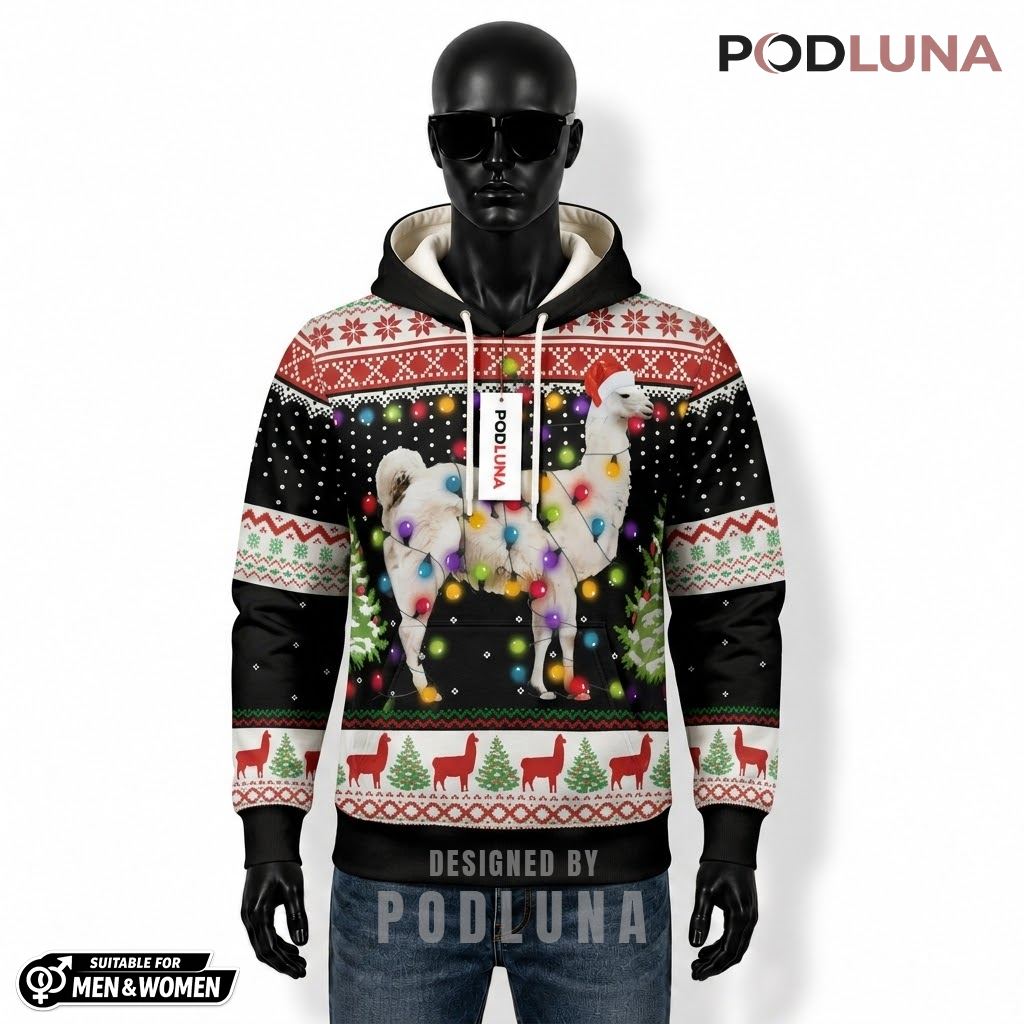 Festive Animal Llama Christmas Lights Funny Ugly 3D Hoodie 1