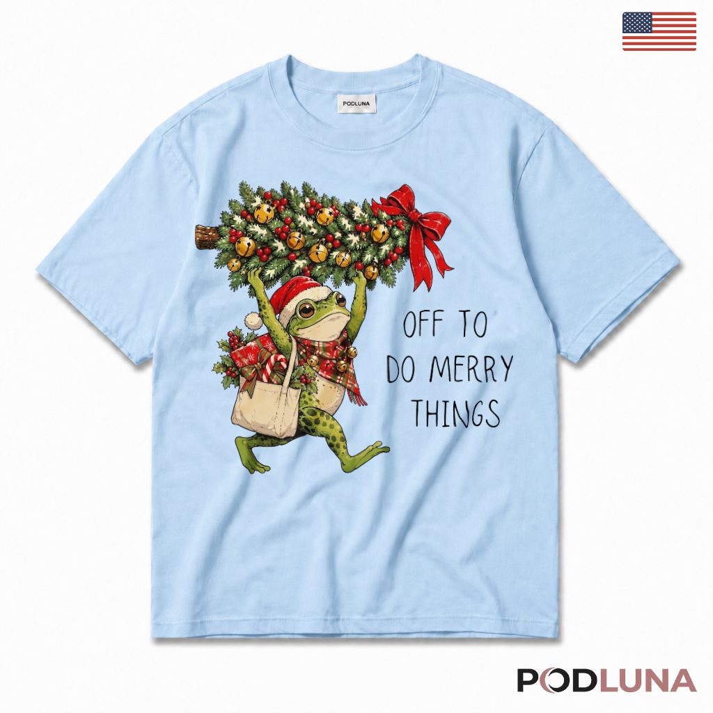 Frog Carrying Christmas T-Shirt Merry Things Tote Bag Jingle Bells Tree Bow