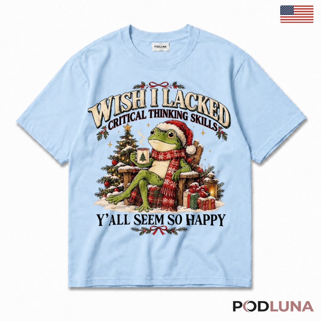 Frog Christmas T-Shirt Critical Thinking Winter Scarf Snowy Tree Lantern