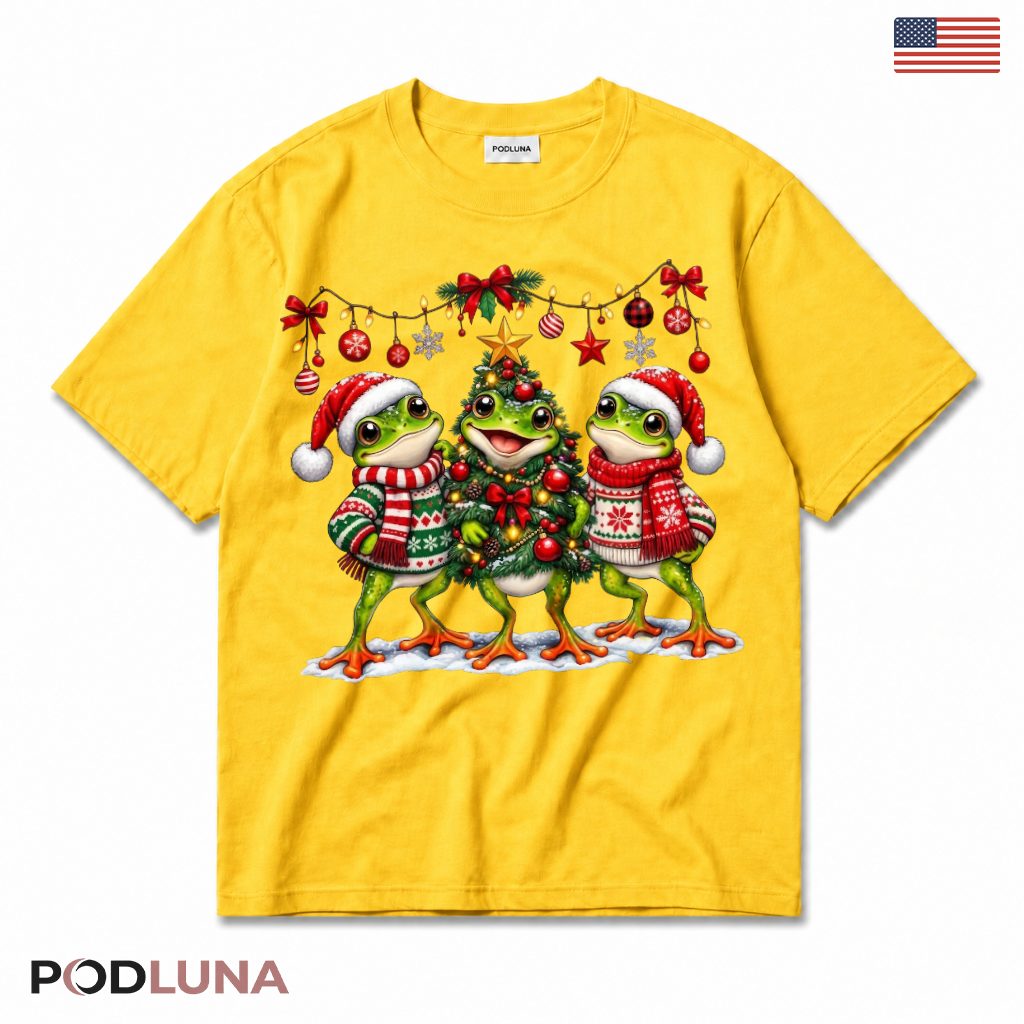 Frog Christmas T-Shirt Three Frogs Garland Ornaments Winter Sweaters