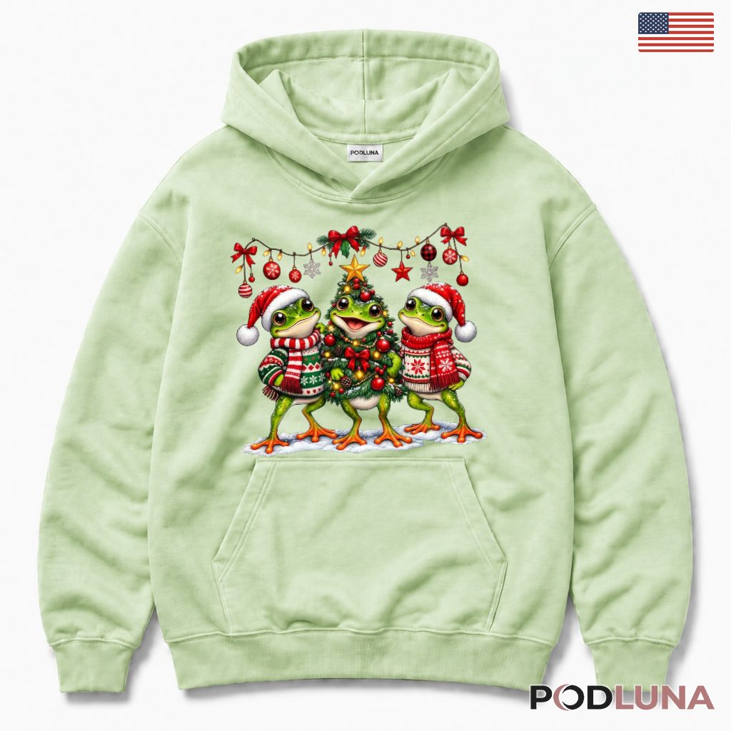 Frog Christmas Hoodie Three Frogs Garland Ornaments Winter Sweaters Frog Christmas Hoodie Three Frogs Garland Ornaments Winter Sweaters