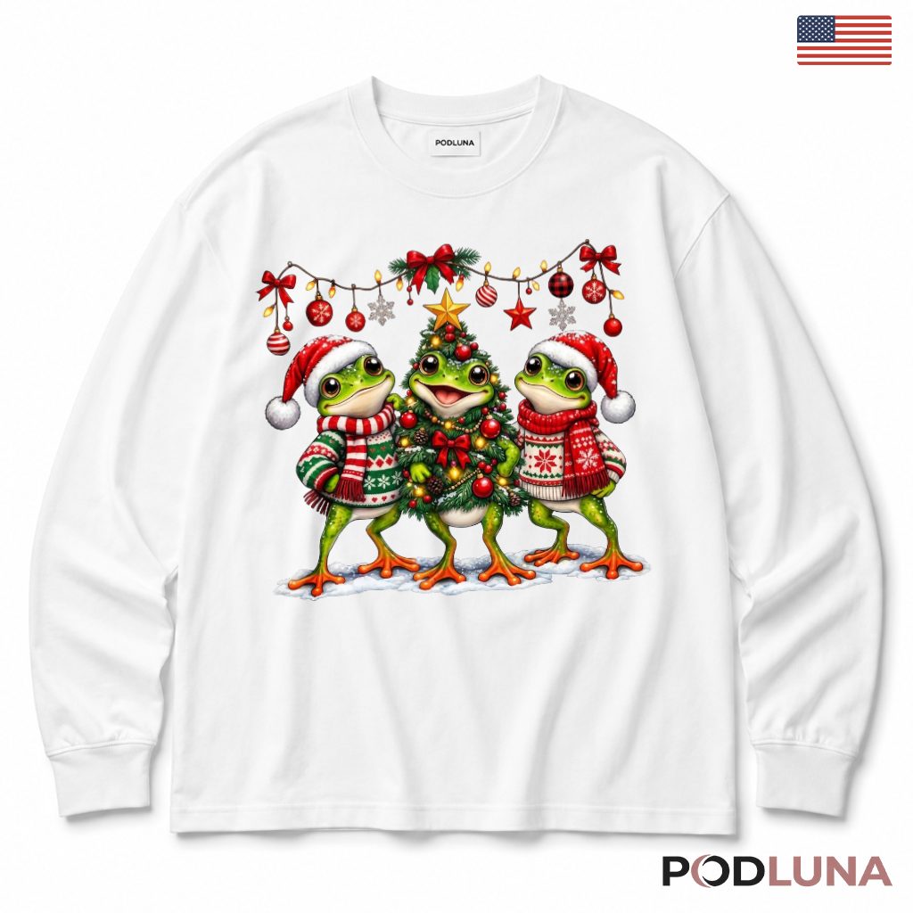 Frog Christmas Long Sleeve Three Frogs Garland Ornaments Winter Sweaters Frog Christmas Long Sleeve Three Frogs Garland Ornaments Winter Sweaters