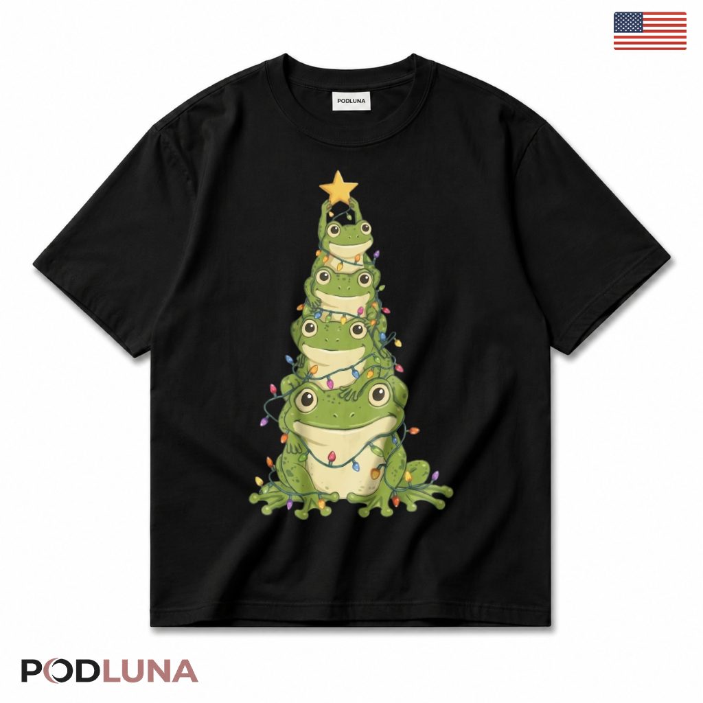 Frog Christmas Tree T-Shirt Stacked Frogs Gold Star Twinkle Lights Cute