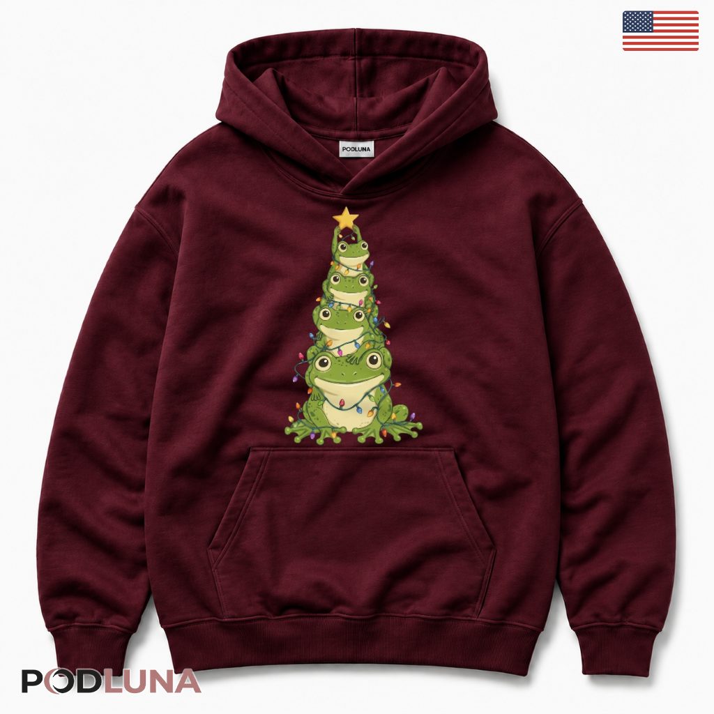 Frog Christmas Tree Hoodie Stacked Frogs Gold Star Twinkle Lights Cute Frog Christmas Tree Hoodie Stacked Frogs Gold Star Twinkle Lights Cute