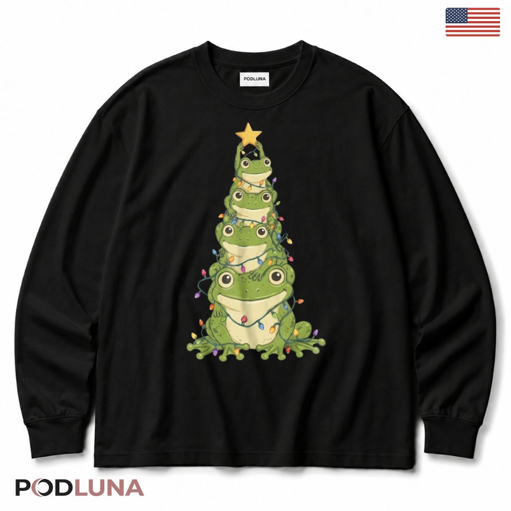 Frog Christmas Tree Long Sleeve Stacked Frogs Gold Star Twinkle Lights Cute Frog Christmas Tree Long Sleeve Stacked Frogs Gold Star Twinkle Lights Cute