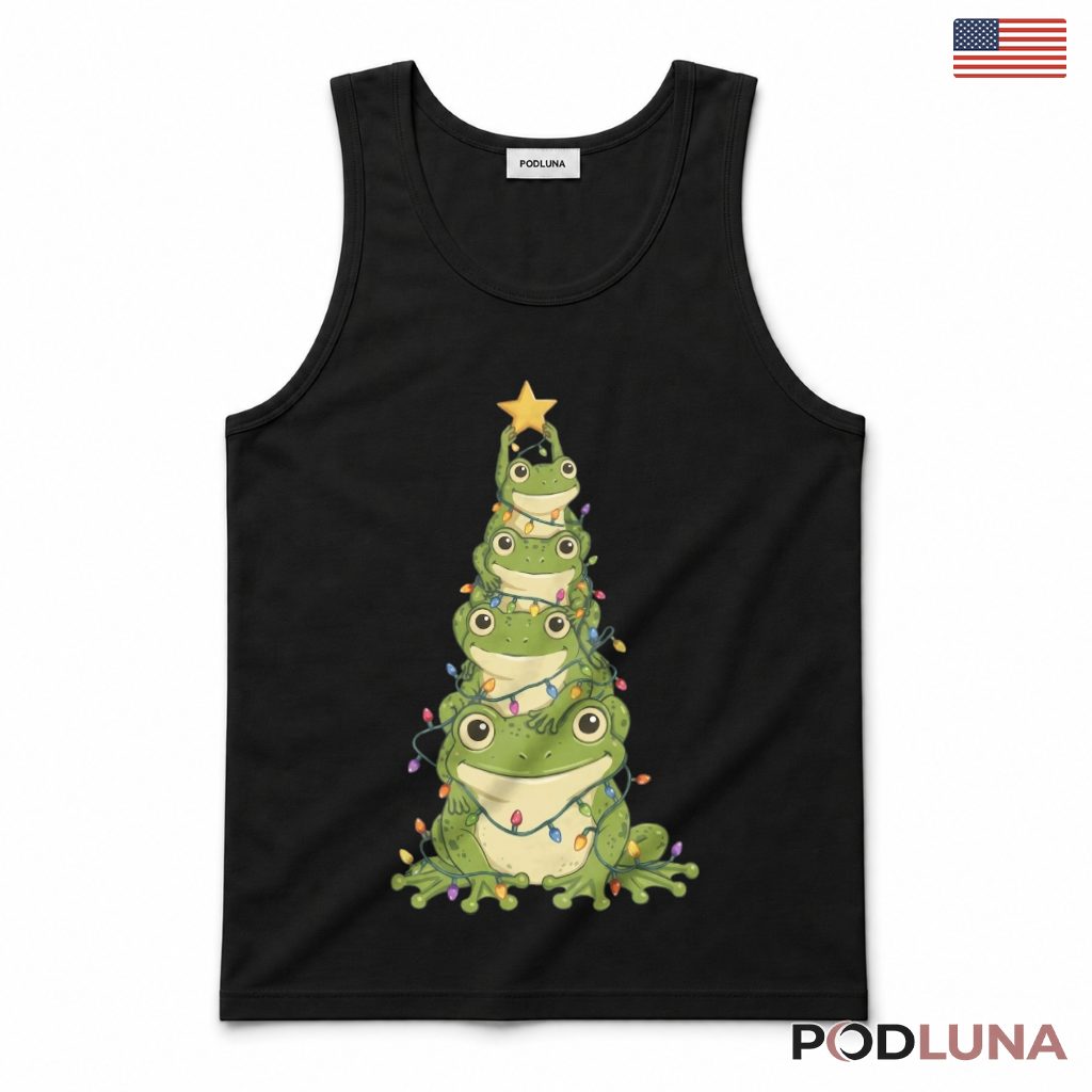 Frog Christmas Tree Tank Top Stacked Frogs Gold Star Twinkle Lights Cute Frog Christmas Tree Tank Top Stacked Frogs Gold Star Twinkle Lights Cute