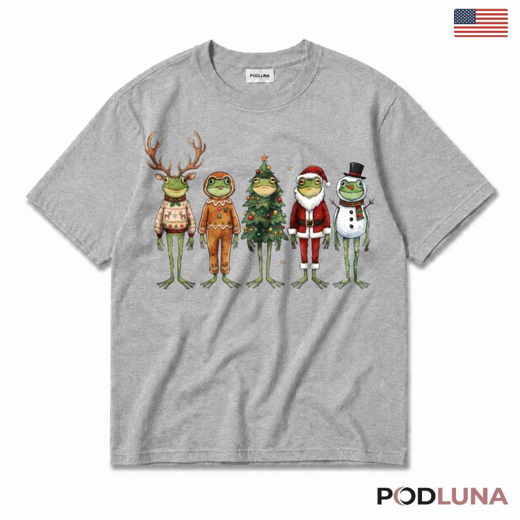 Frog Friends Christmas T-Shirt Reindeer Gingerbread Snowman Santa Lineup Cute