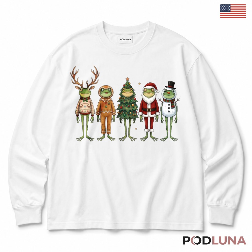 Frog Friends Christmas Long Sleeve Reindeer Gingerbread Snowman Santa Lineup Cute Frog Friends Christmas Long Sleeve Reindeer Gingerbread Snowman Santa Lineup Cute