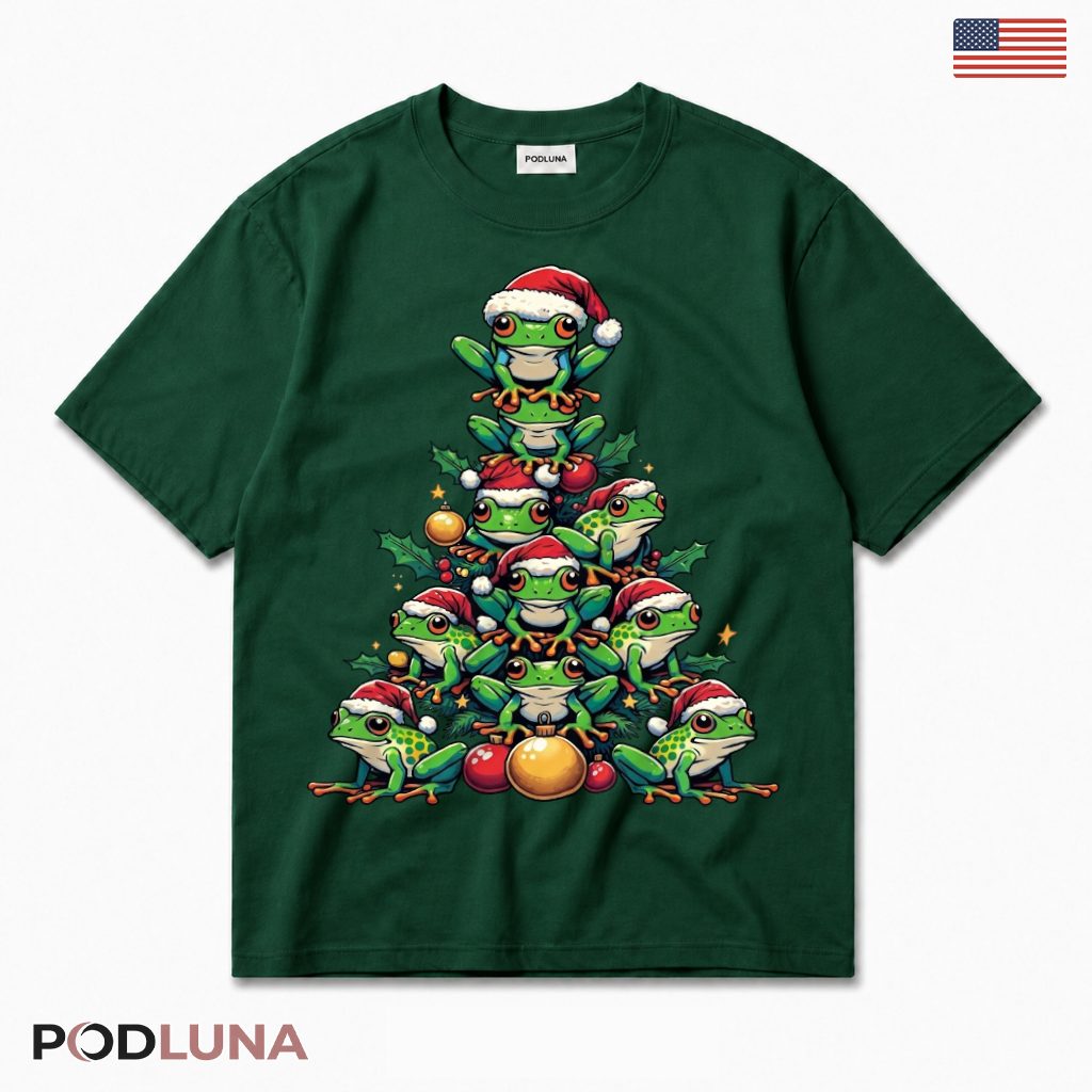 Frog Pyramid Christmas T-Shirt Tree Stack Santa Hats Ornaments Baubles
