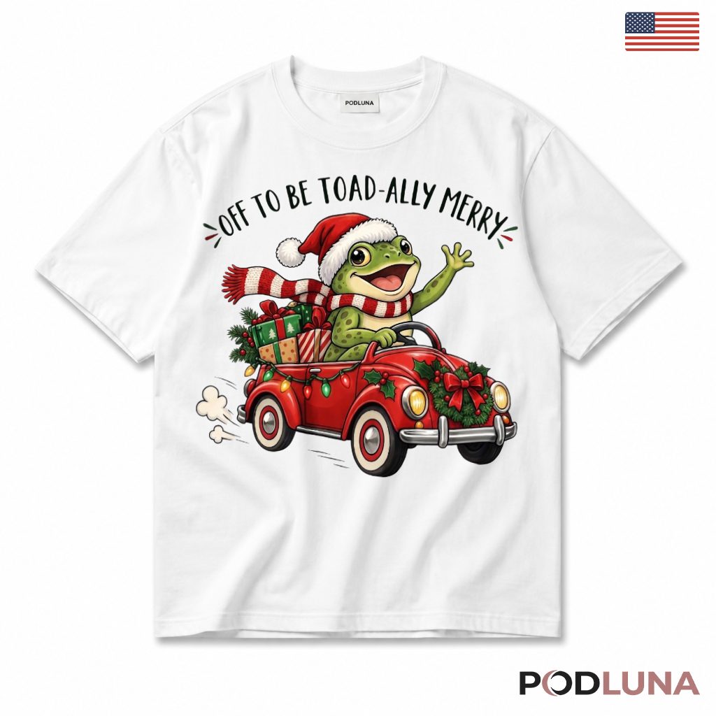 Frog Red Car Christmas T-Shirt Toad Ally Merry Wreath Presents Scarf Joyride