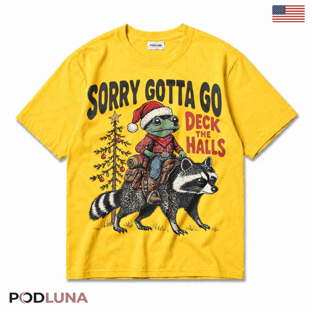 Frog Riding Raccoon Christmas T-Shirt Cowboy Sorry Gotta Go Vintage Western