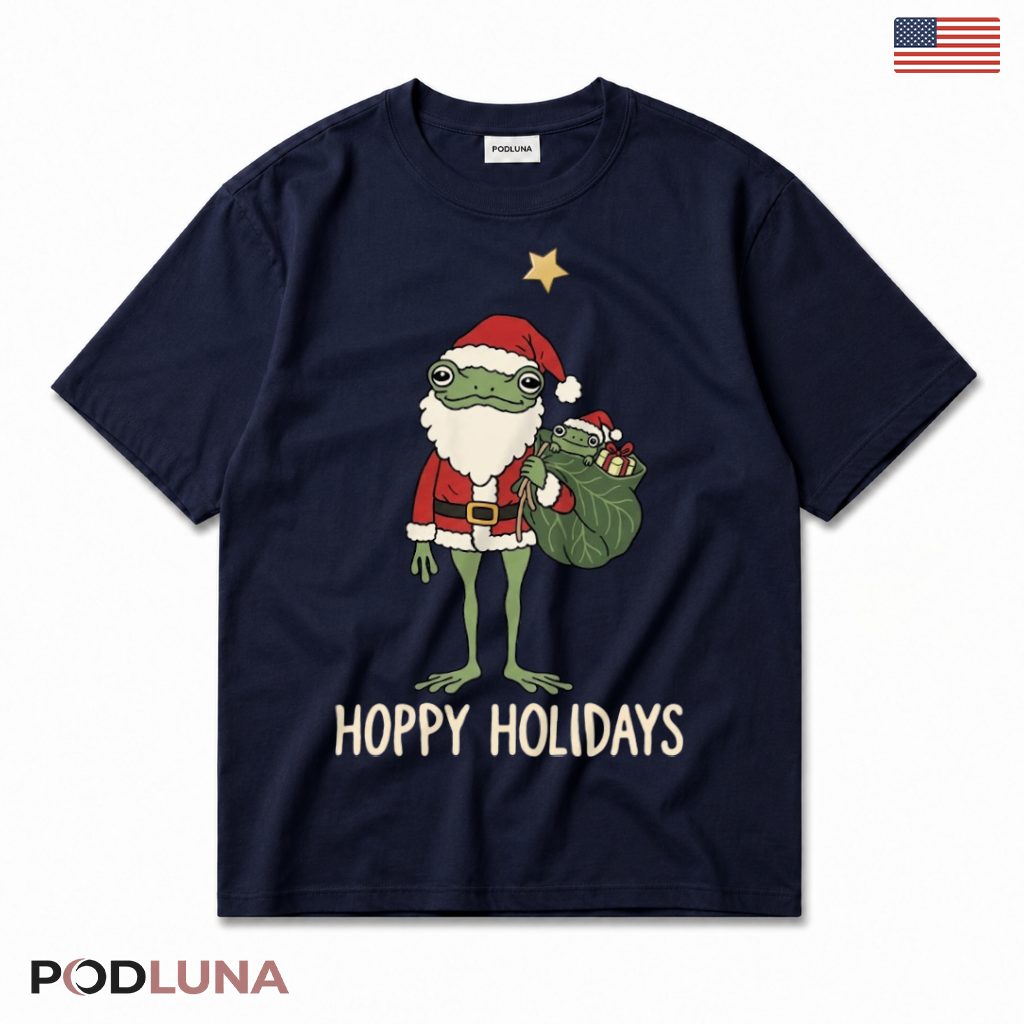 Frog Santa Christmas T-Shirt Hoppy Holidays