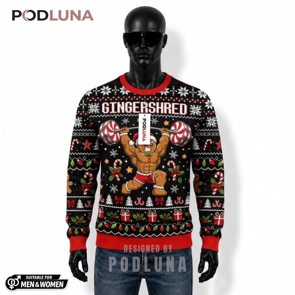 Gingershred Gingerbread Man Ugly Christmas Sweater Weightlifting Candy Barbell Gym Front