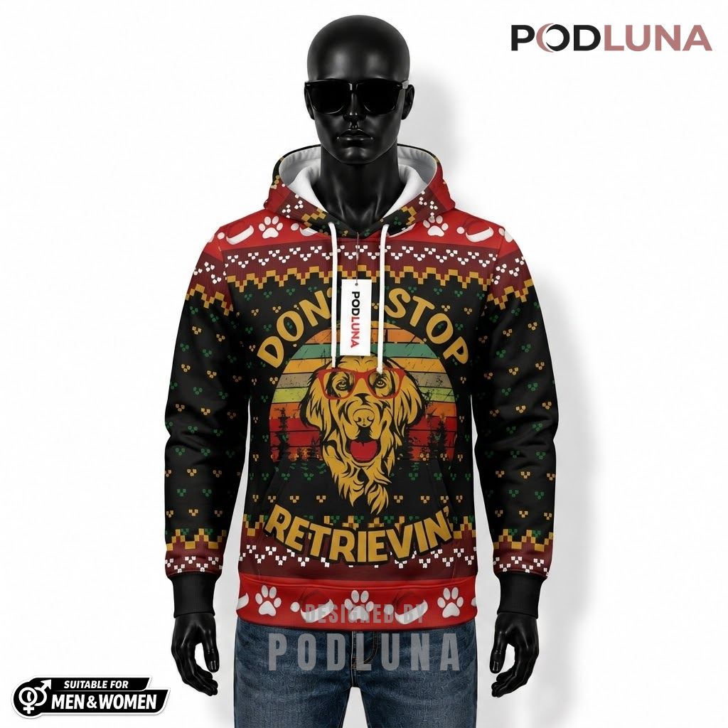 Golden Retriever Don't Stop Retrieving Ugly Christmas 3D Hoodie 1