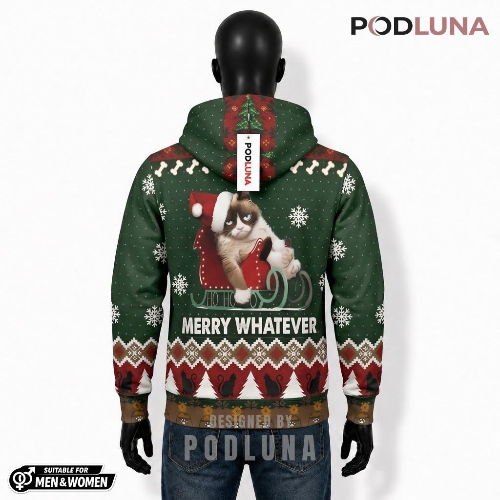 Green Grumpy Cat Santa Hat Ugly Christmas 3D Hoodie 2 Green Grumpy Cat Santa Hat Ugly Christmas 3D Hoodie 2