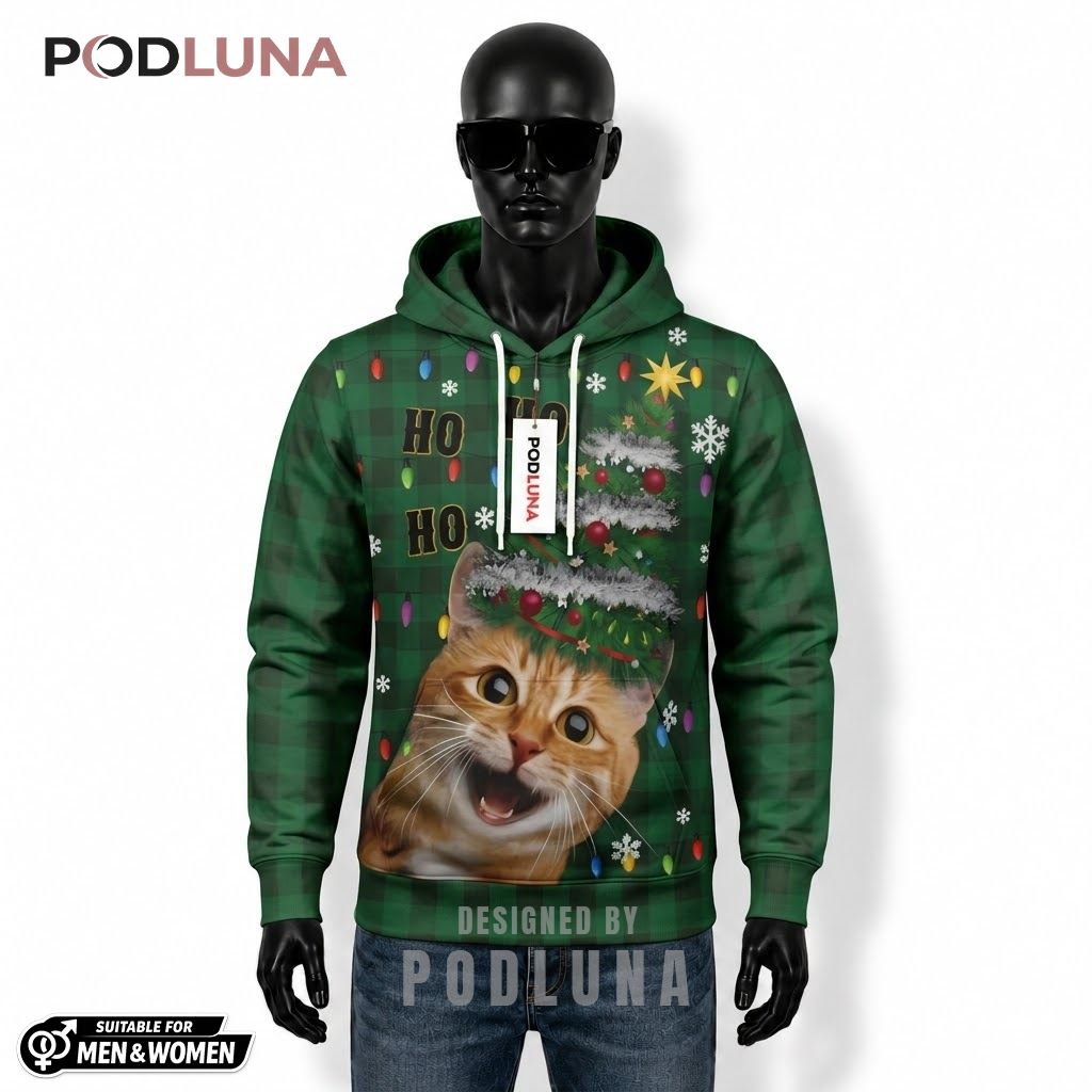 Green Plaid Tartan Holiday Ginger Cat Ugly Christmas 3D Hoodie 1