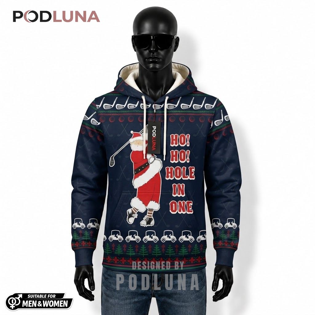 Hole In One Golf Gift Golfing Santa Ugly Christmas 3D Hoodie 1