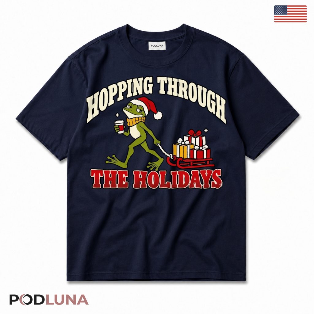 Hopping Frog Christmas T-Shirt Through Holidays Sled Presents Coffee Cup Retro