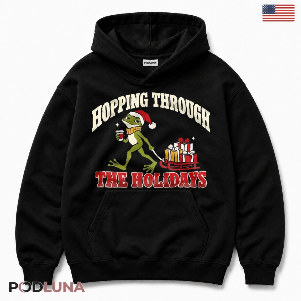 Hopping Frog Christmas Hoodie Through Holidays Sled Presents Coffee Cup Retro Hopping Frog Christmas Hoodie Through Holidays Sled Presents Coffee Cup Retro