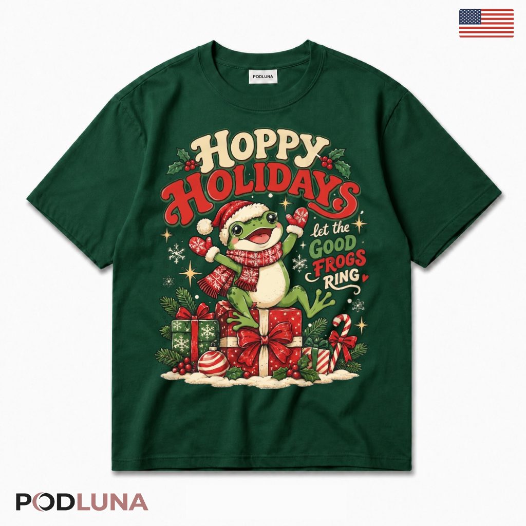 Hoppy Holidays Frog Christmas T-Shirt Gift Box Snowflake Mittens Good Frogs Ring