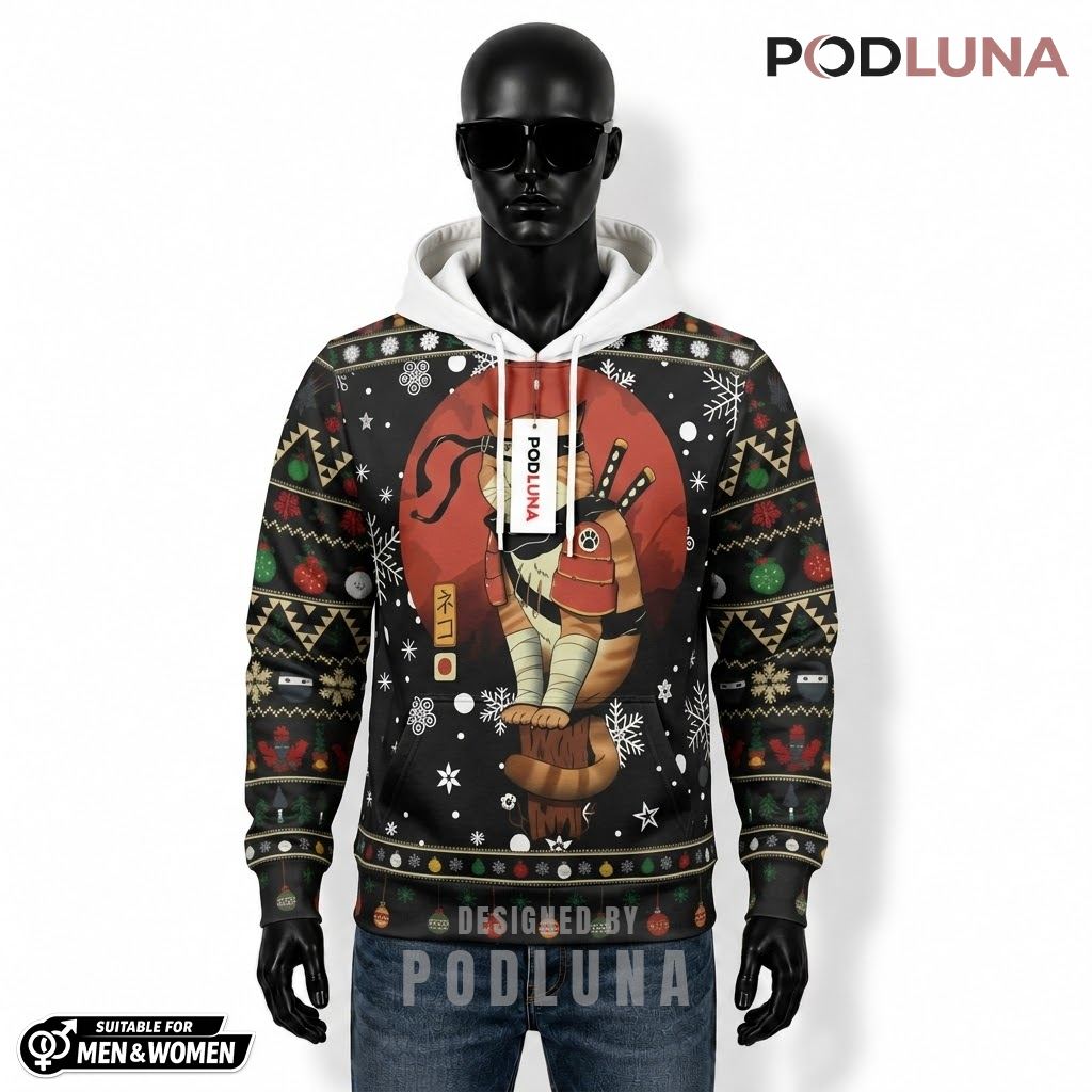 Japanese Style Samurai Cat Warrior Ugly Christmas 3D Hoodie 1