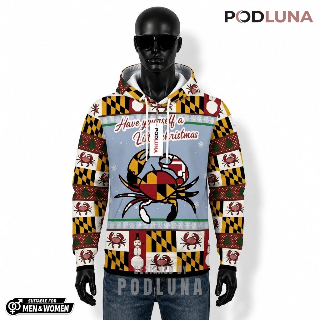 Maryland State Flag Crab Snowman Ugly Christmas 3D Hoodie 1