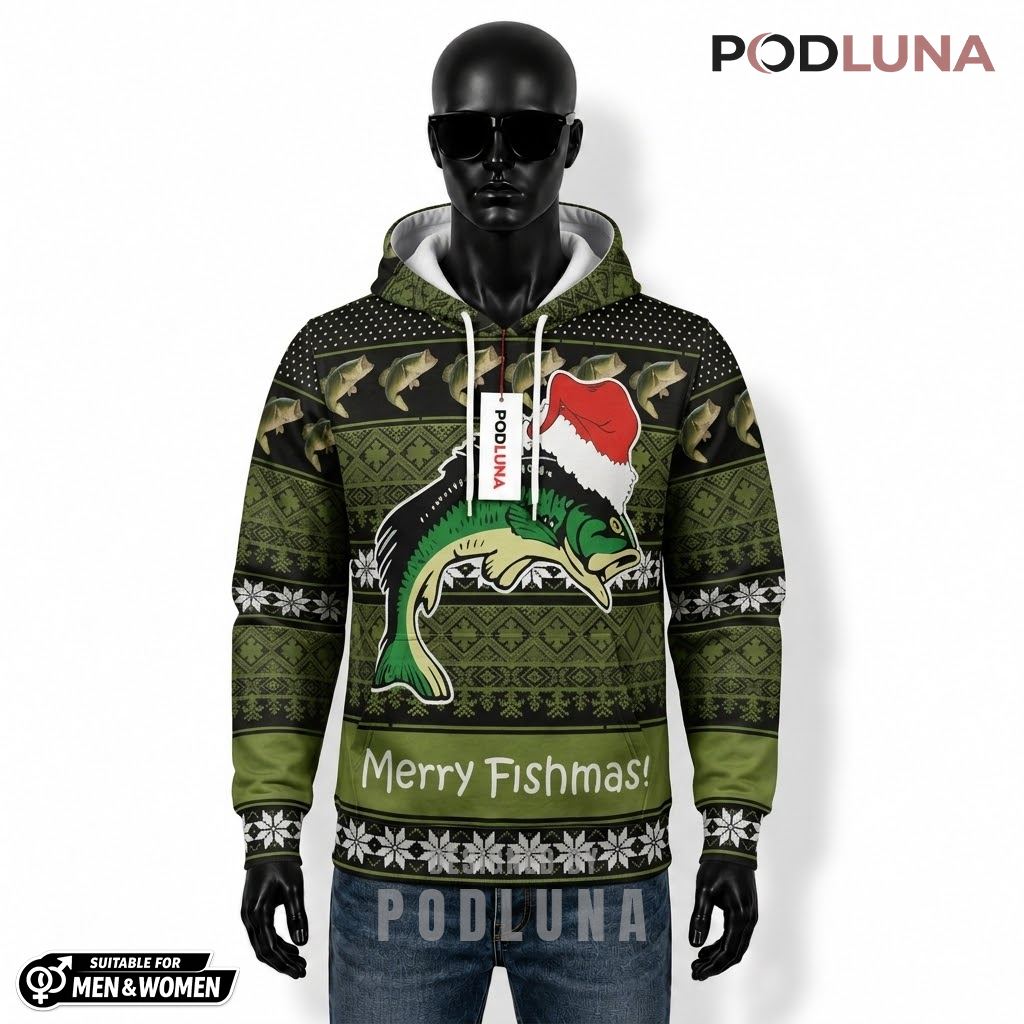 Merry Fishmas Bass Fish Ugly Christmas 3D Hoodie 1