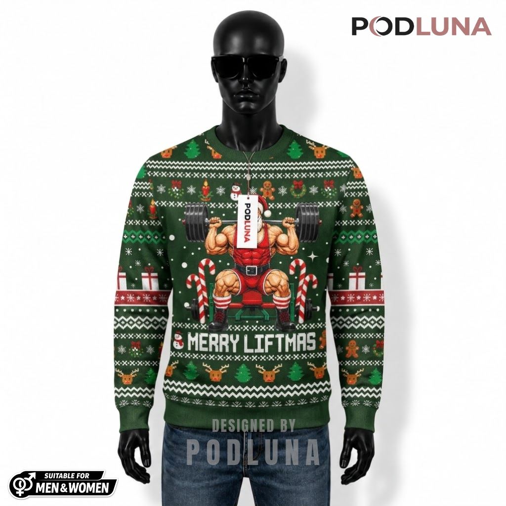 Merry Liftmas Ugly Sweater Christmas Muscle Santa Gym Weightlifting Bench Press Front