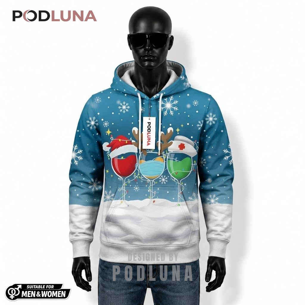 Nurse Blue Wine Glass Ugly Christmas 3D Hoodie 1