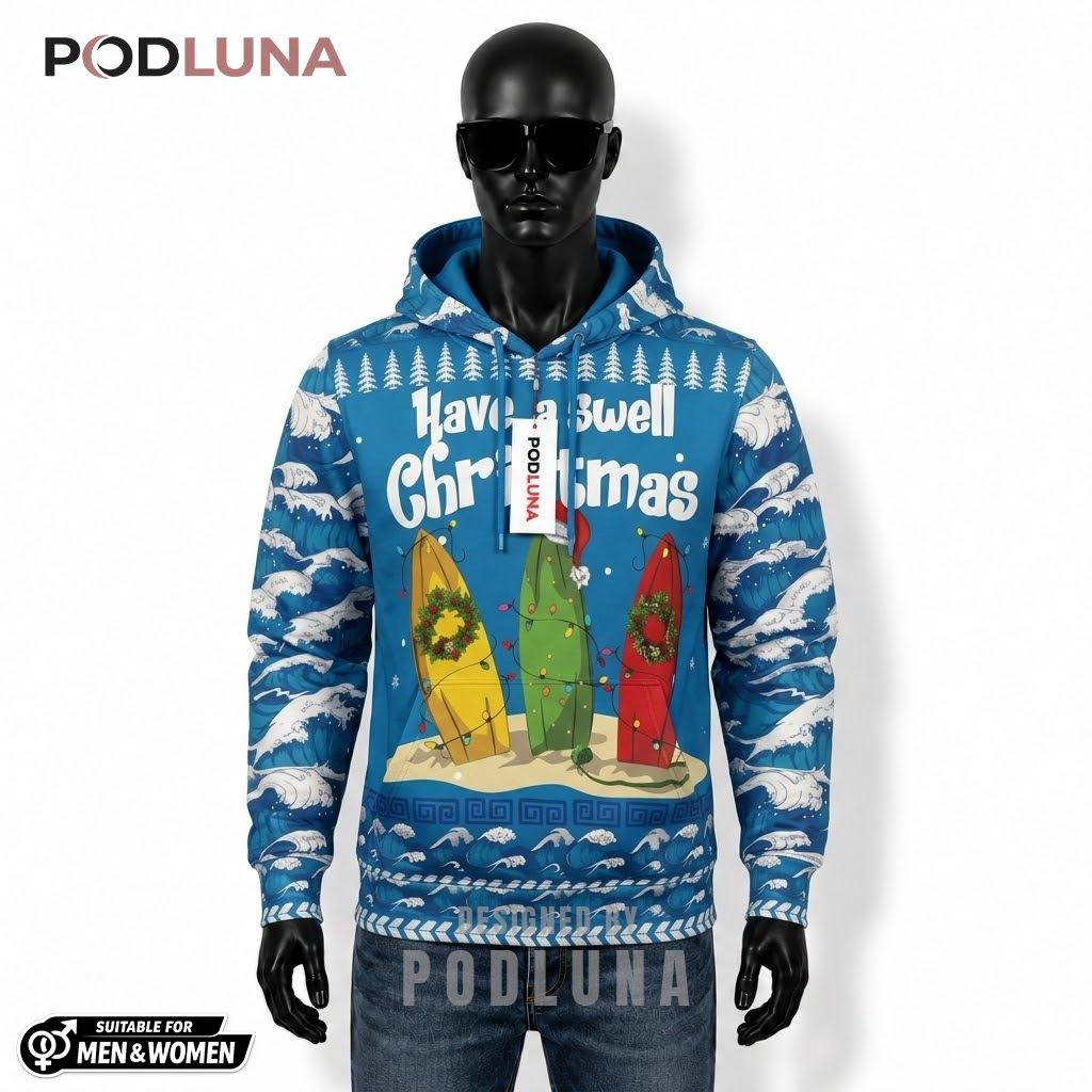 Ocean Blue Surfboard Christmas Tree Surfing Ugly 3D Hoodie 1