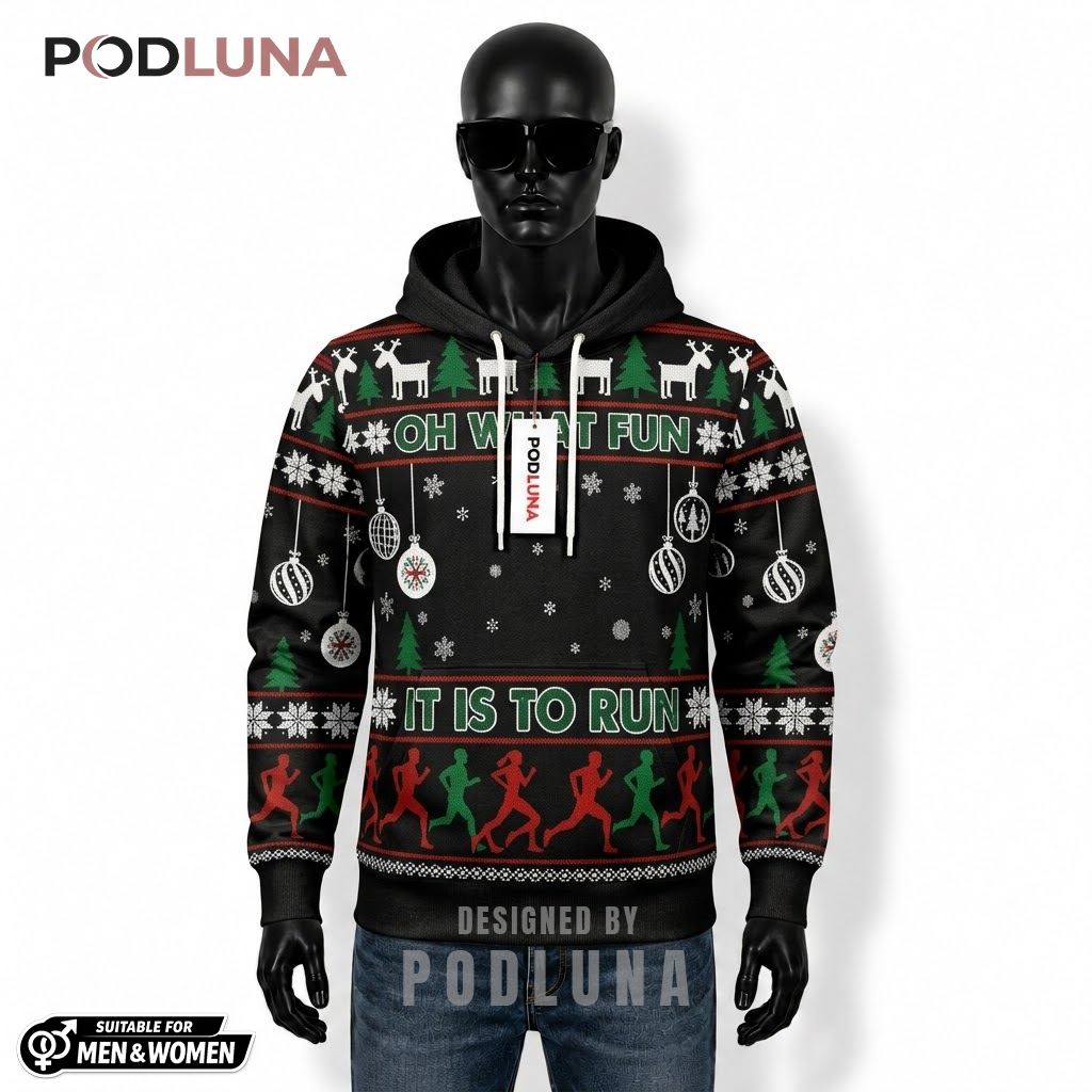 Oh What Fun It Is To Run Silhouette Ugly Christmas 3D Hoodie 1