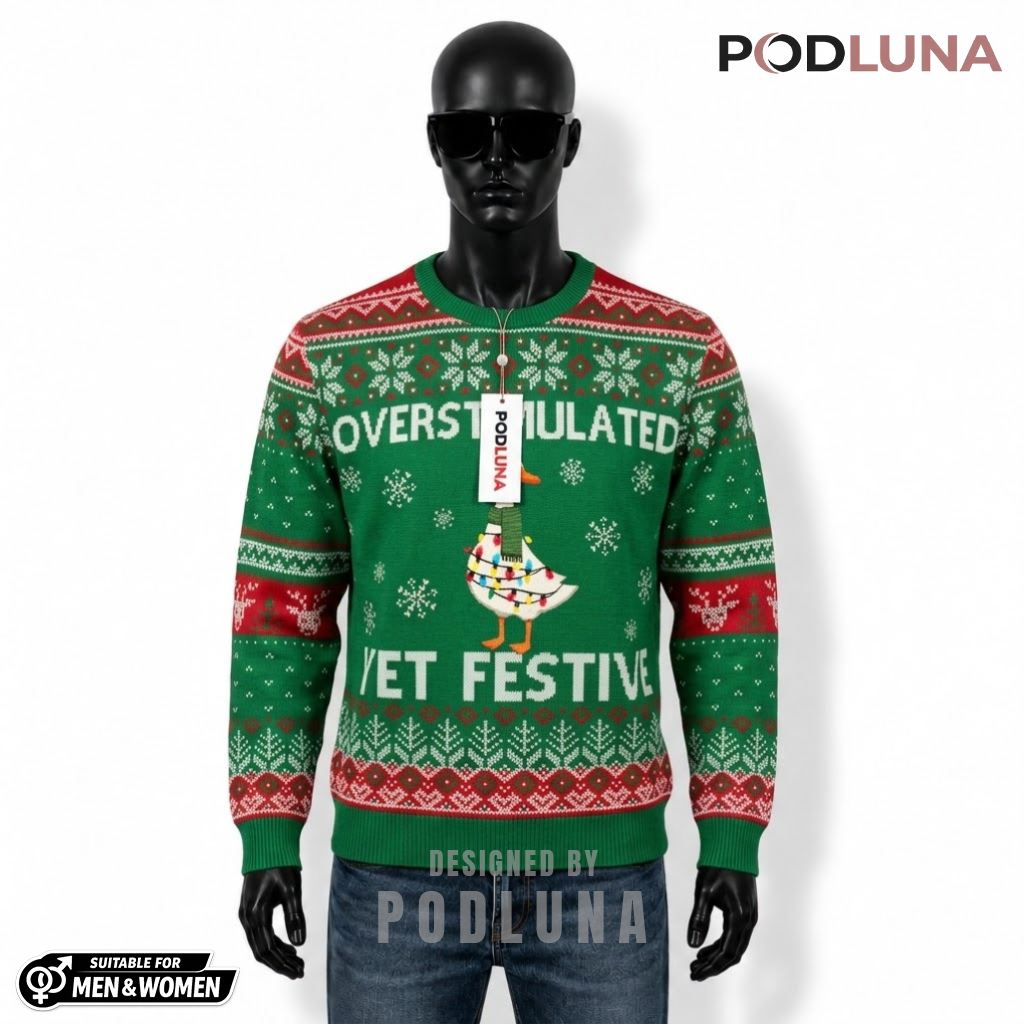 Overstimulated Yet Festive Ugly Christmas Sweater Funny Goose Scarf Lights Front