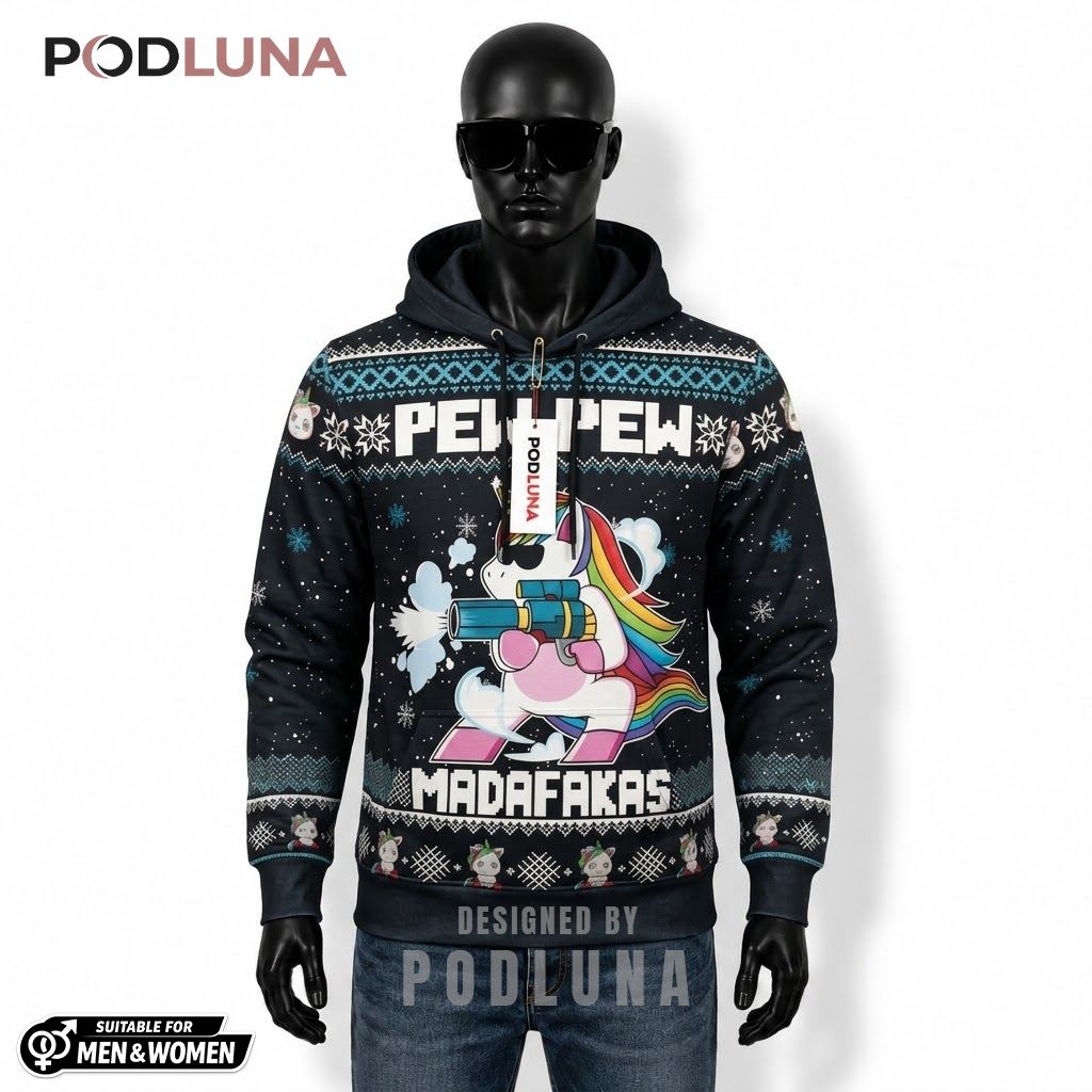 Pew Pew Madafakas Unicorn Gun Ugly Christmas 3D Hoodie 1