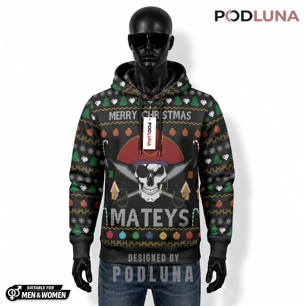 Pirate Skull Merry Christmas Mateys Festive 3D Hoodie 1