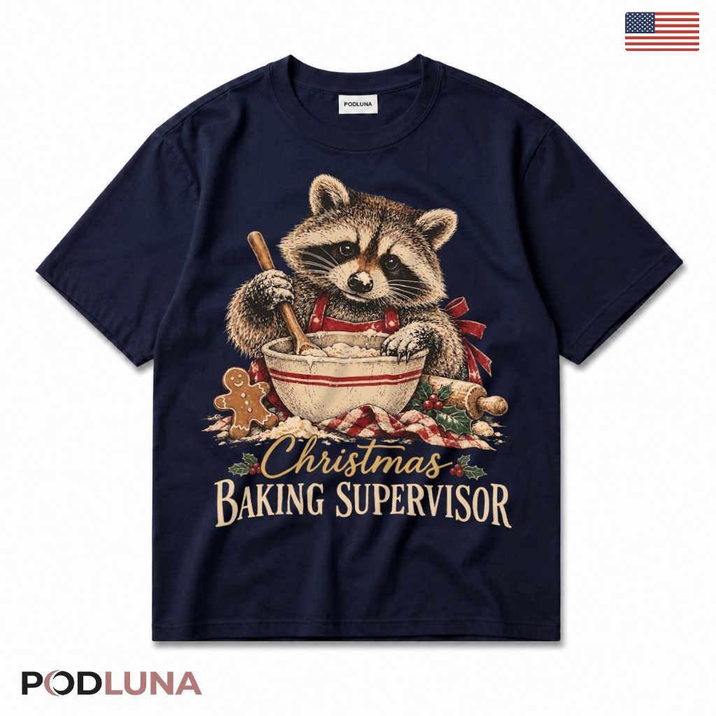 Raccoon Baking Christmas T-Shirt Gingerbread Man Rolling Pin Cookie Supervisor