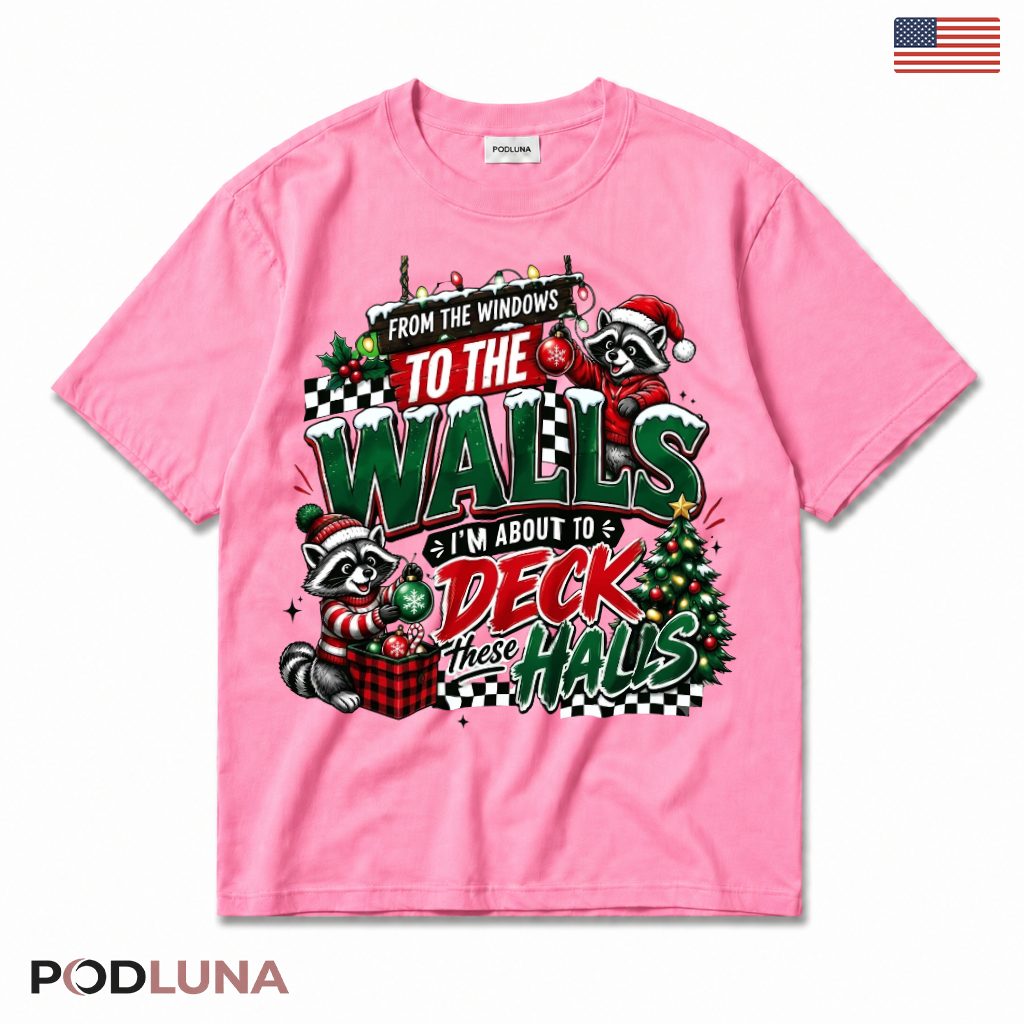 Raccoon Checkered Christmas T-Shirt Windows Walls Plaid Gift Box Ornament Cheer