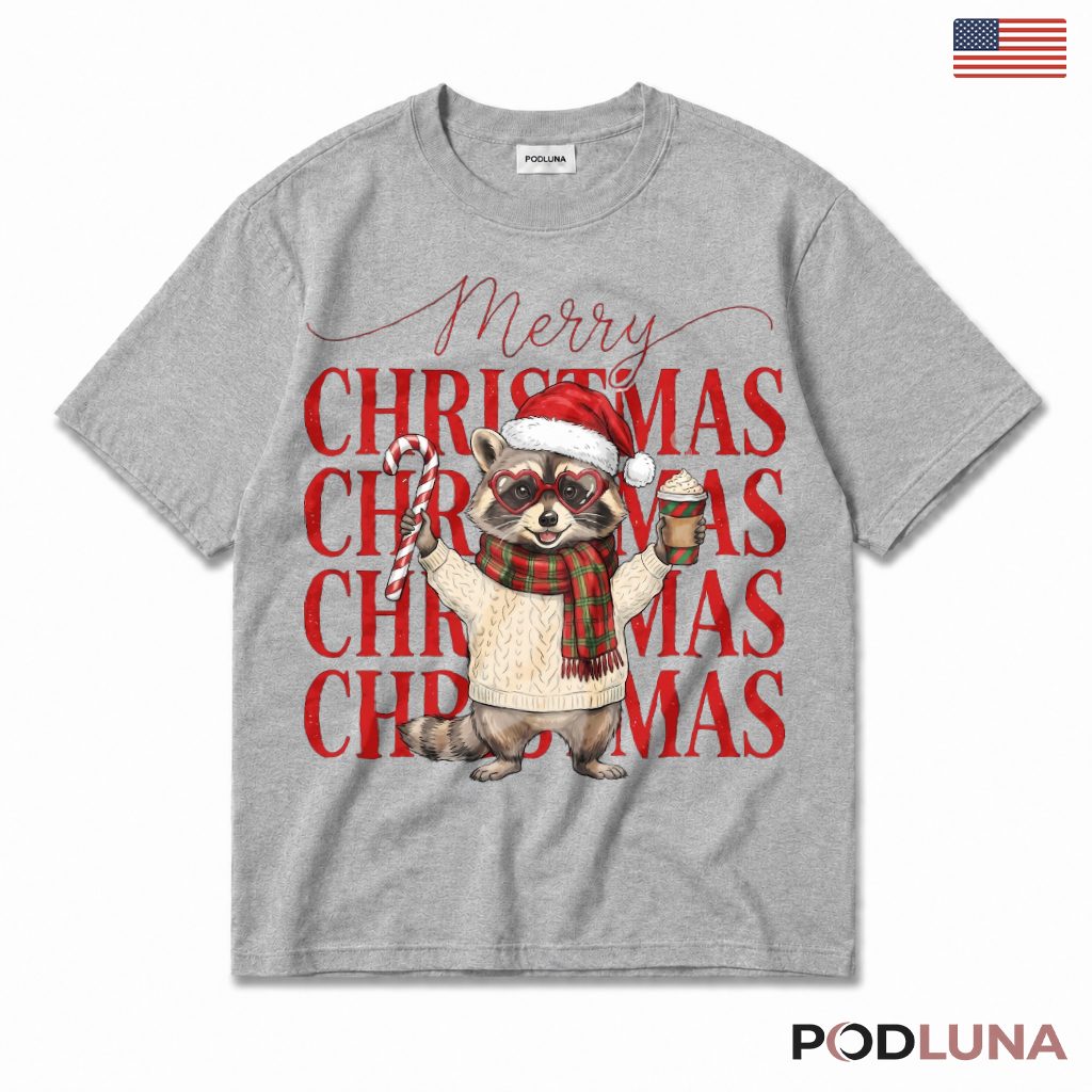 Raccoon Christmas T-Shirt Heart Sunglasses Candy Cane Plaid Scarf Latte