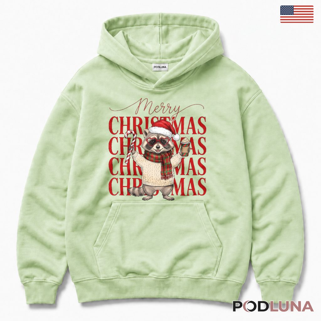 Raccoon Christmas Hoodie Heart Sunglasses Candy Cane Plaid Scarf Latte Raccoon Christmas Hoodie Heart Sunglasses Candy Cane Plaid Scarf Latte