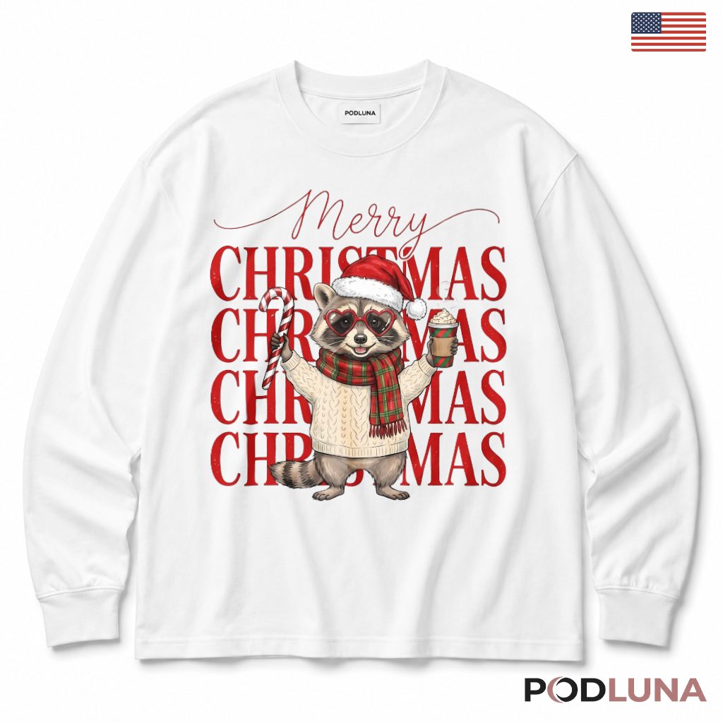 Raccoon Christmas Long Sleeve Heart Sunglasses Candy Cane Plaid Scarf Latte Raccoon Christmas Long Sleeve Heart Sunglasses Candy Cane Plaid Scarf Latte