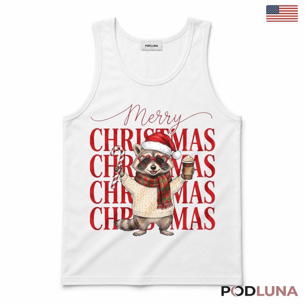 Raccoon Christmas Tank Top Heart Sunglasses Candy Cane Plaid Scarf Latte Raccoon Christmas Tank Top Heart Sunglasses Candy Cane Plaid Scarf Latte