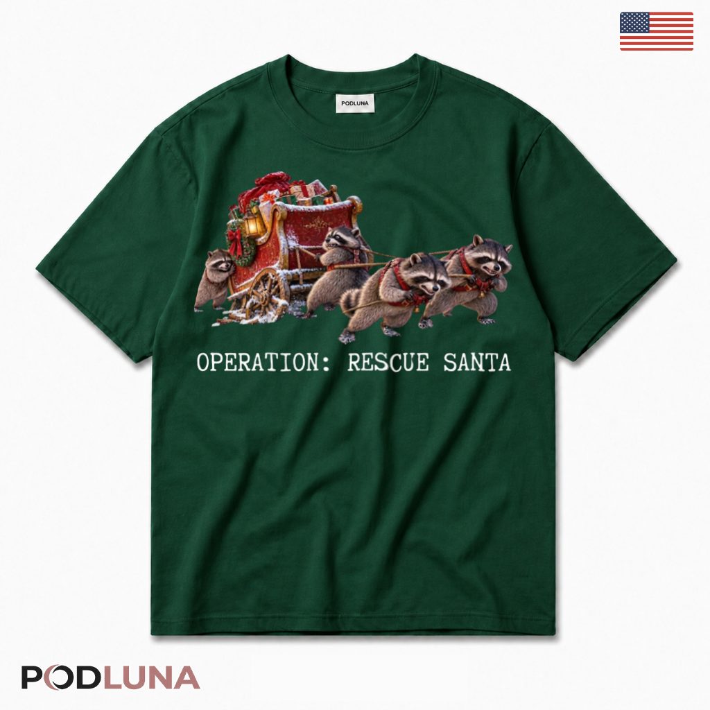 Raccoon Christmas T-Shirt Rescue Santa Sleigh Funny Operation Gift