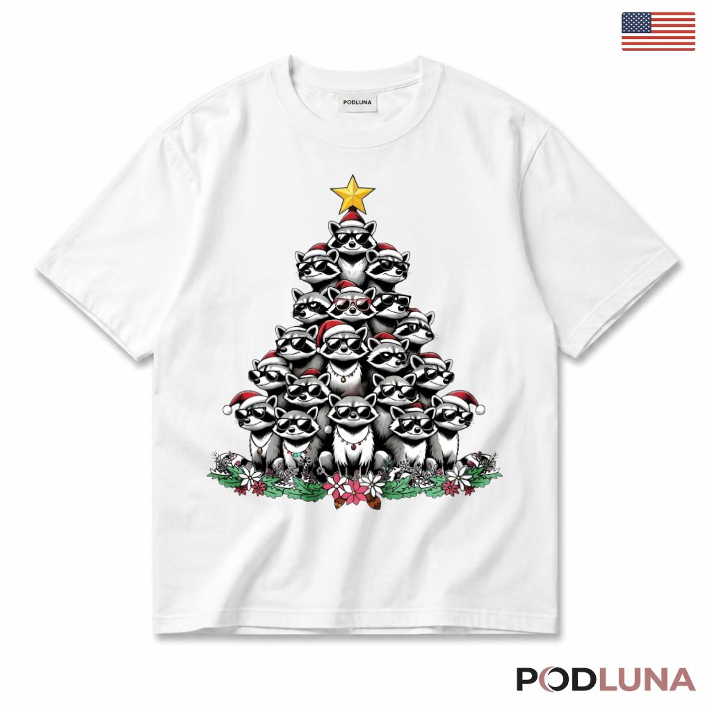 Raccoon Christmas Tree T-Shirt Stacked Cool Sunglasses Santa Hats Star Topper