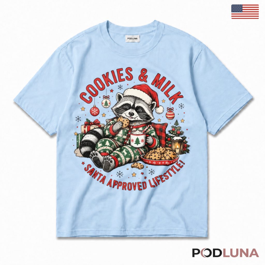 Raccoon Cookies Milk Christmas T-Shirt Pajamas Santa Approved Lifestyle Treats