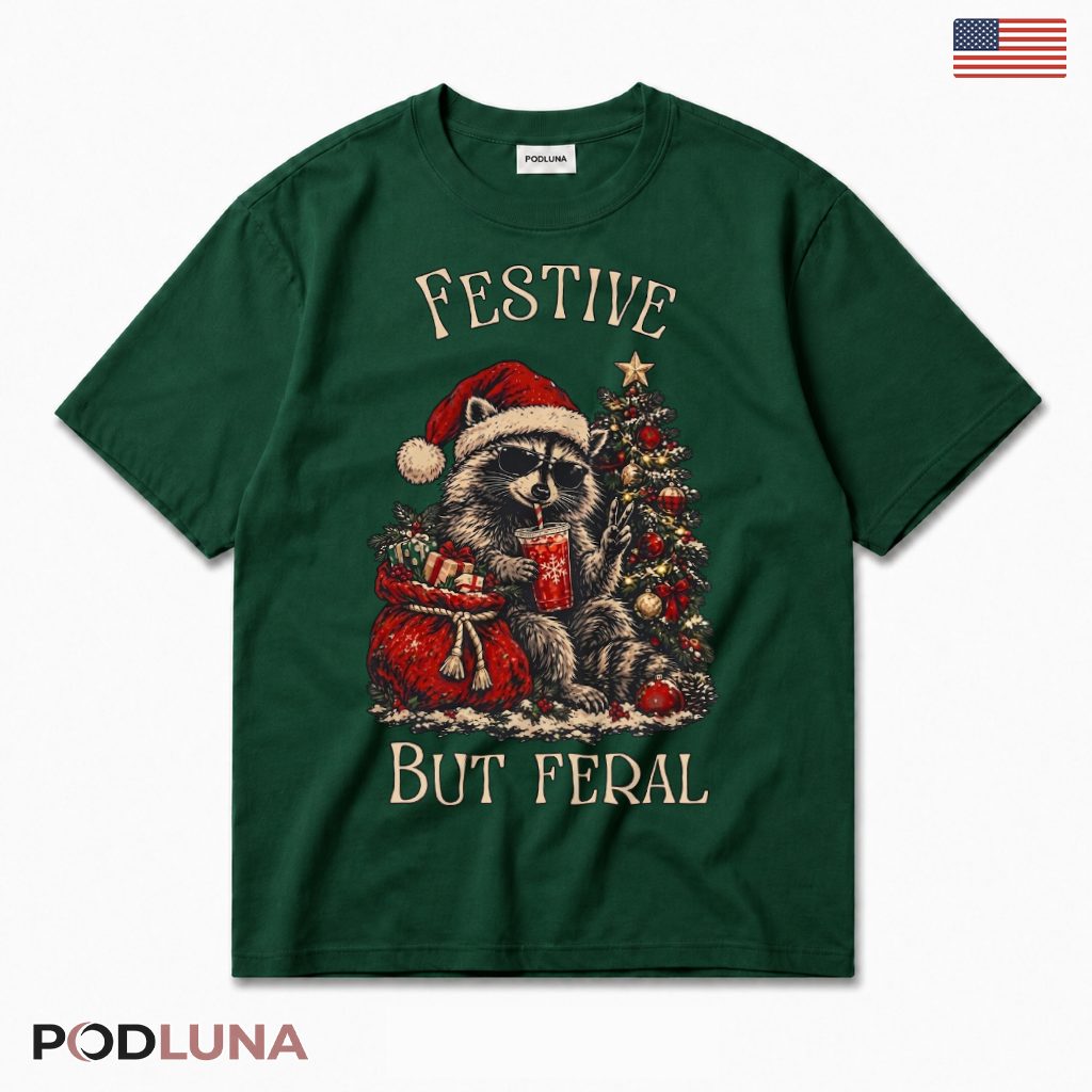 Raccoon Feral Christmas T-Shirt Santa Sack Tree Sipping Funny Festive