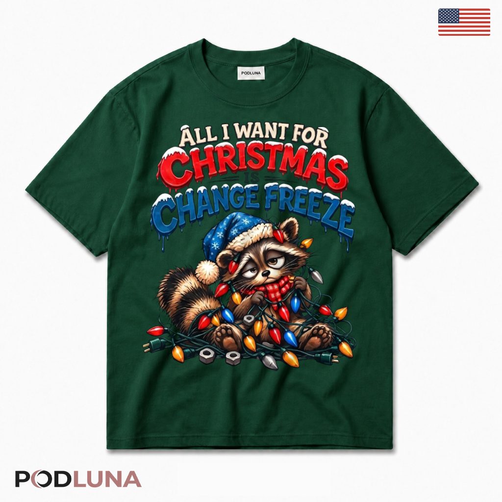 Raccoon Frozen Christmas T-Shirt Change Freeze Blue Beanie Tangled Bulbs