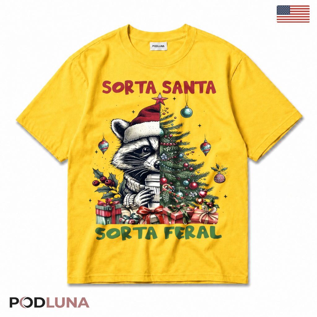 Raccoon Half Santa Christmas T-Shirt Sorta Cozy Presents Ornaments Funny