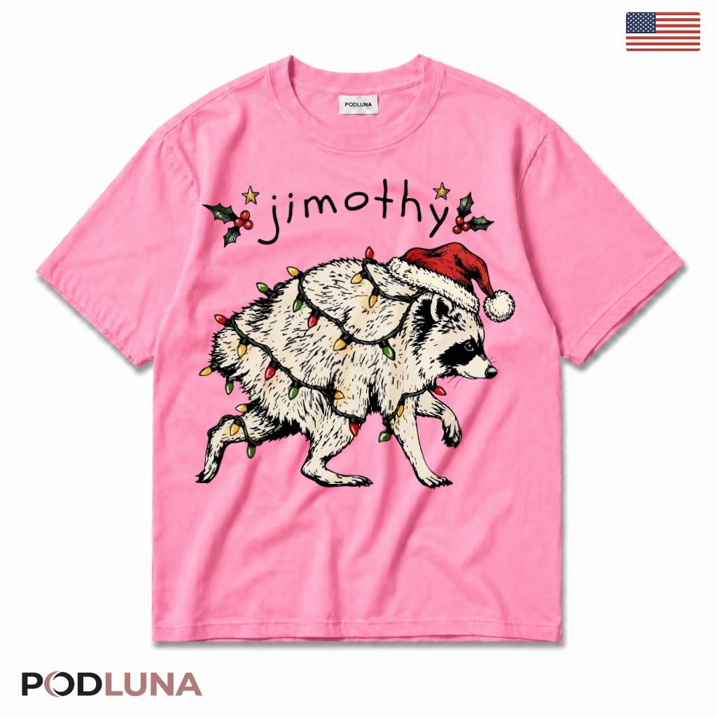 Raccoon Jimothy Christmas T-Shirt Wrapped String Lights Holly Berries